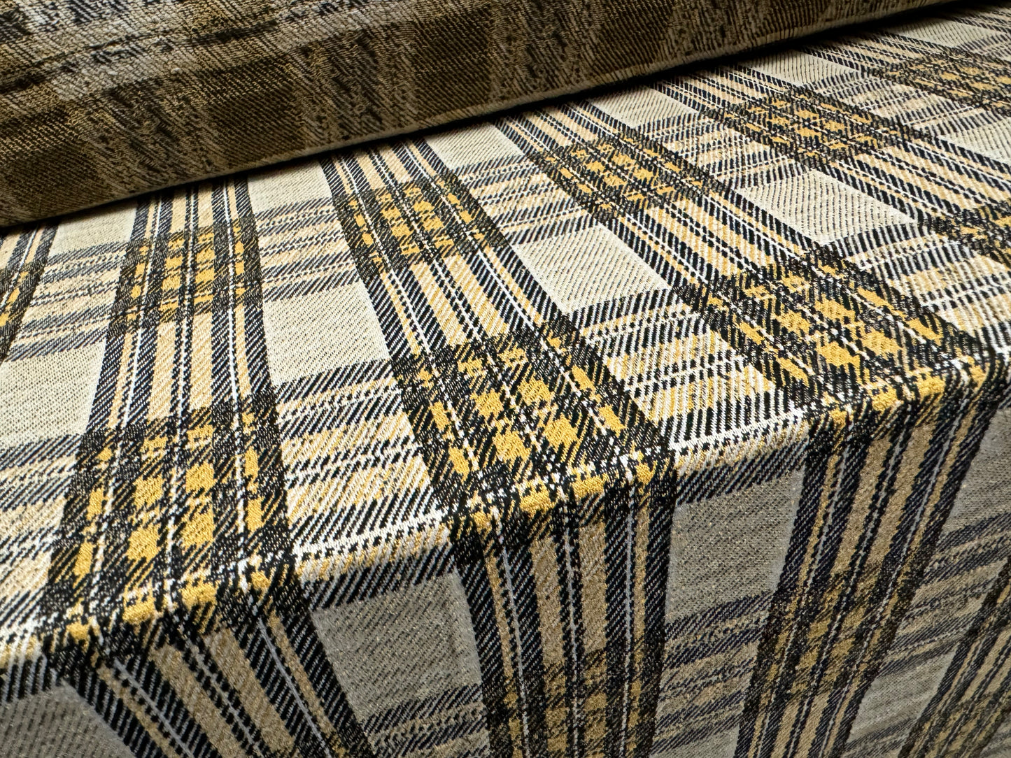 Stretch spandex double jersey fabric, per metre - tartan plaid - mustard & stone