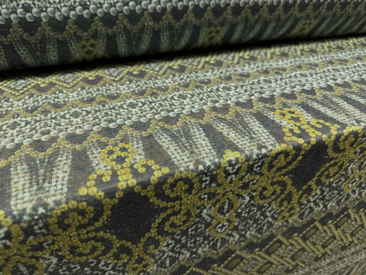 Thick & thin single jersey fashion fabric, per metre - Mandala stripe print - dark green & mustard