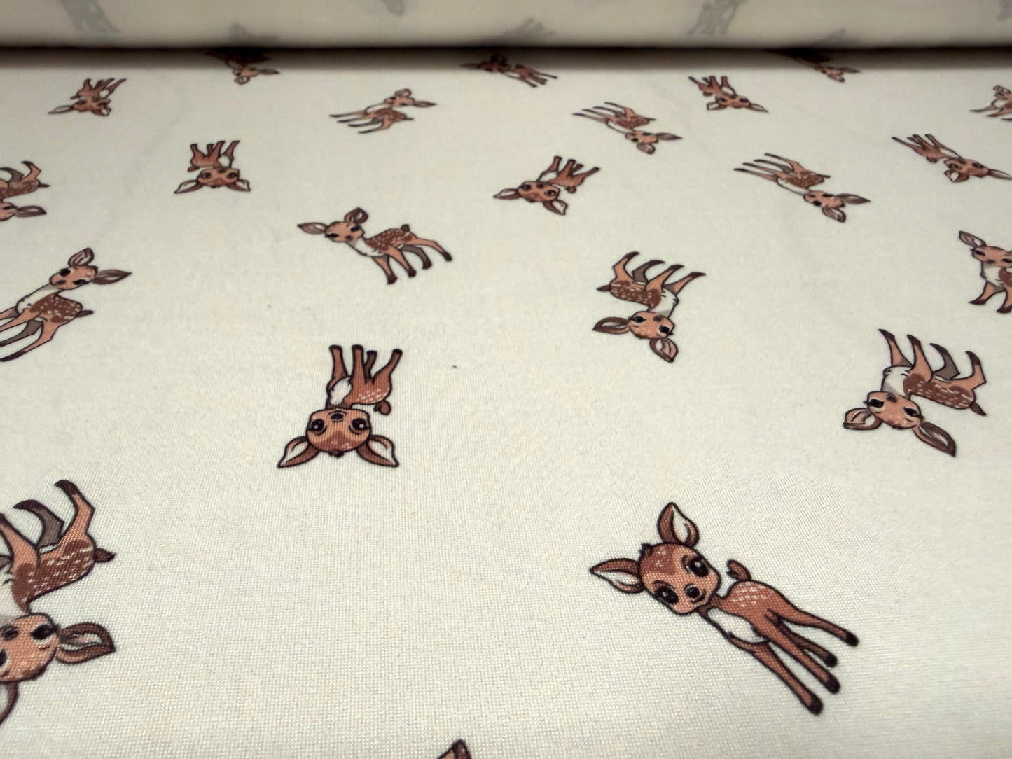 Super soft stretch single jersey fabric, per metre - cartoon deer print - ivory & brown