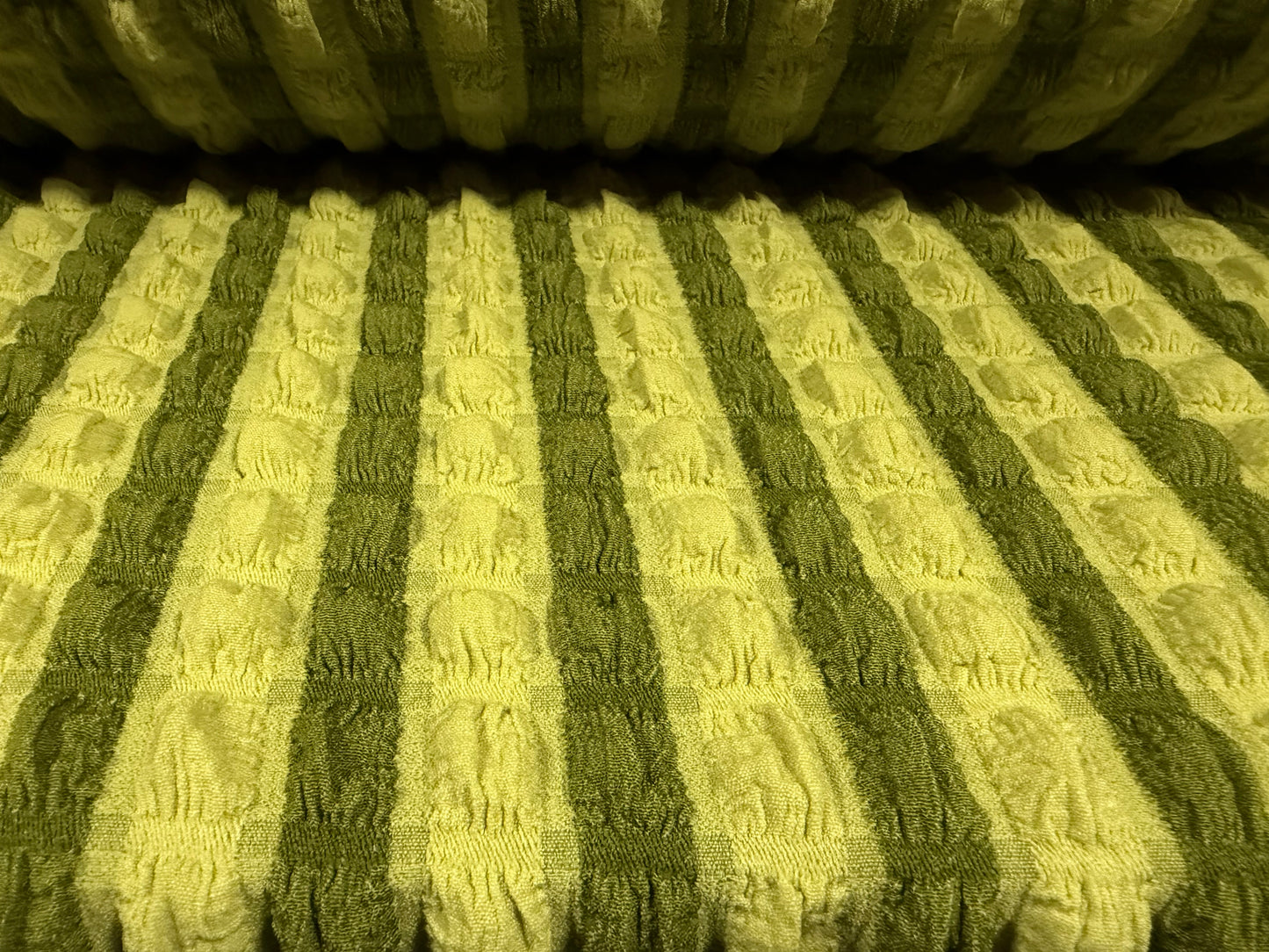 Stretch crochet knit double jersey fabric, per metre - stripe - lime & khaki green