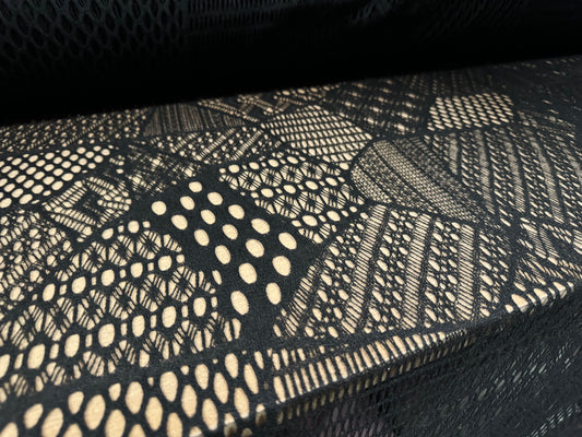 Crochet knit lace fabric, per metre - stylised patchwork - black