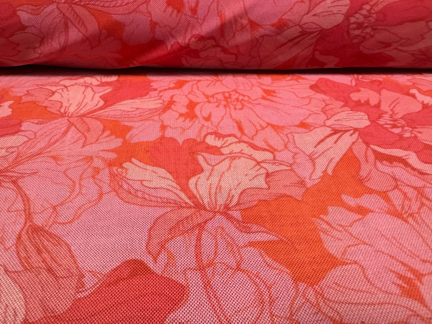 Power mesh net stretch spandex fabric, per metre - retro flower print - pink & coral