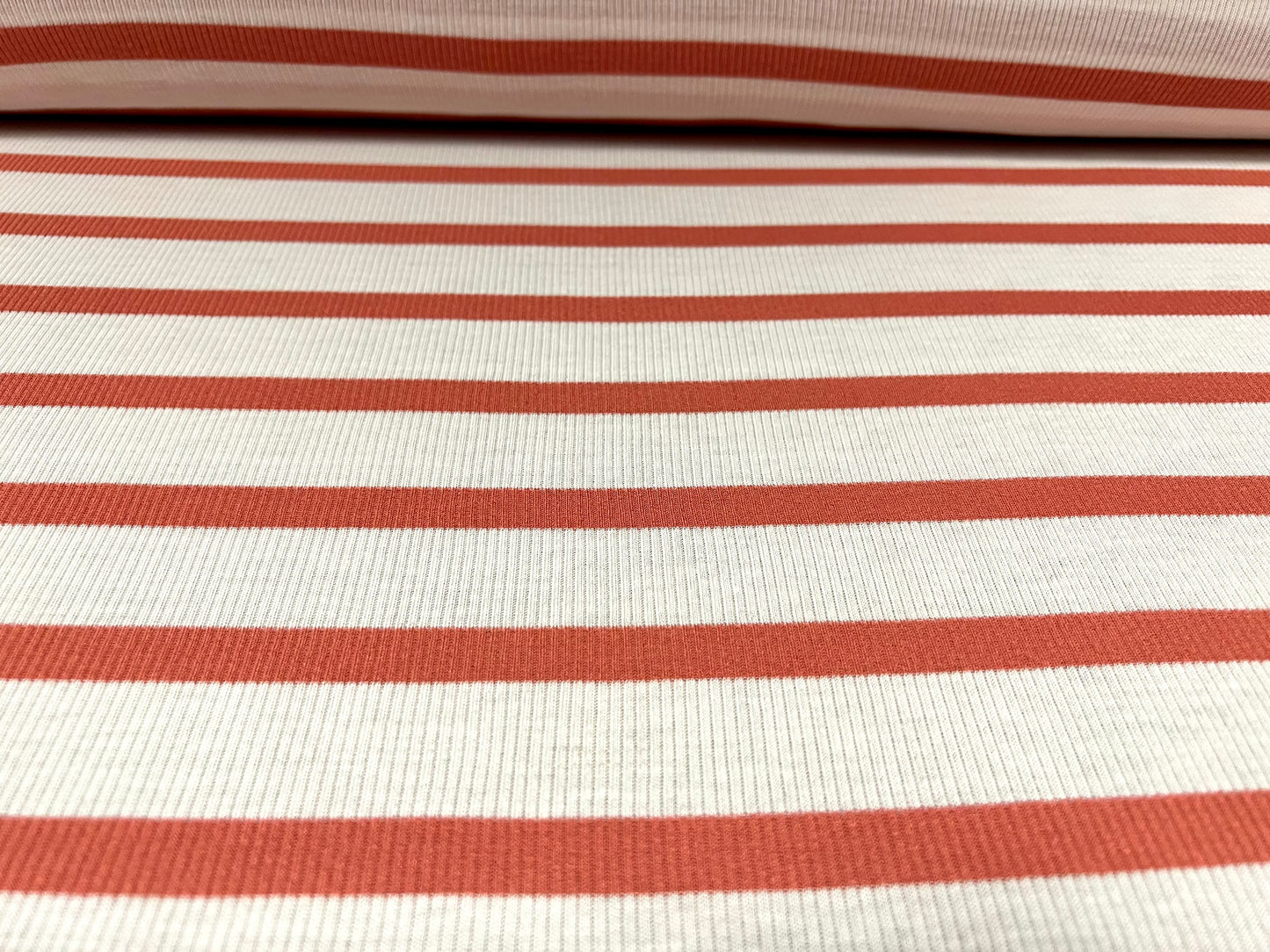 Soft stretch spandex ribbed jersey fabric, per metre - stripe - coral & ivory