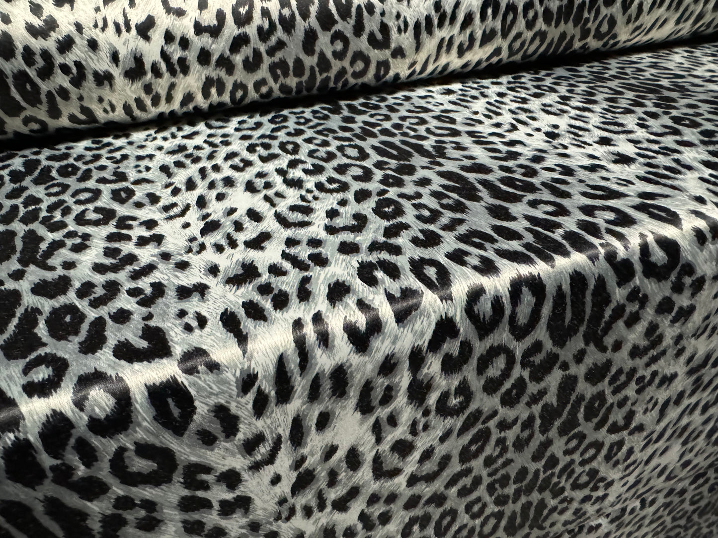 Cotton blend woven stretch sateen fabric, per metre - leopard print - silver grey