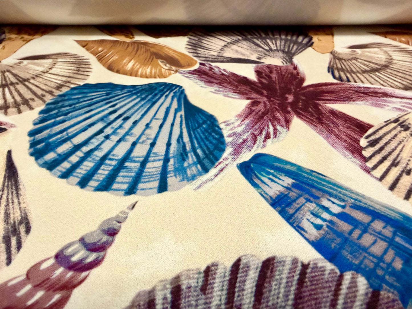 Scuba crepe fabric stretch spandex jersey, per metre - seashells & starfish print