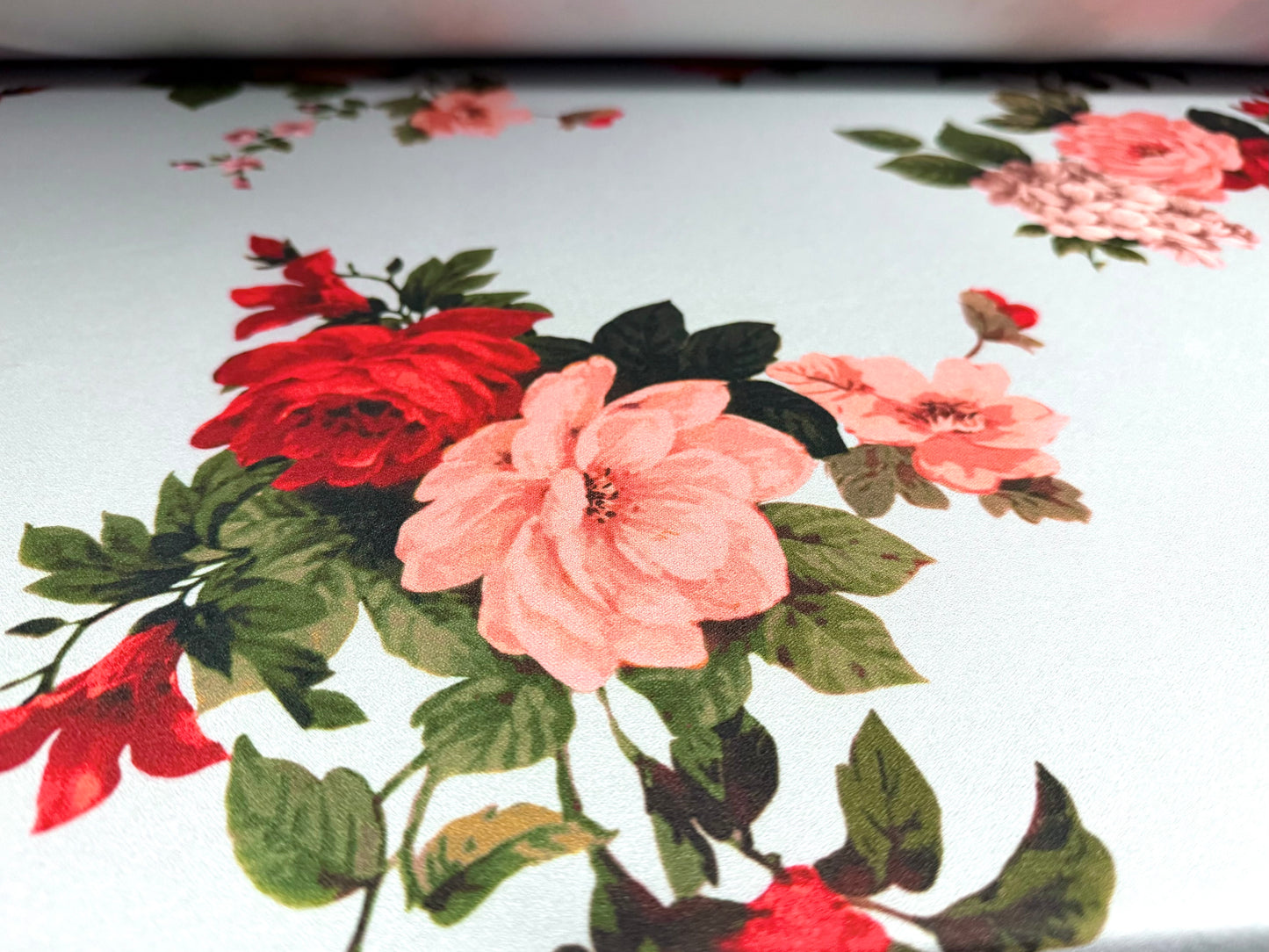 Scuba crepe stretch spandex double jersey fabric, per metre - rose floral print - sky blue