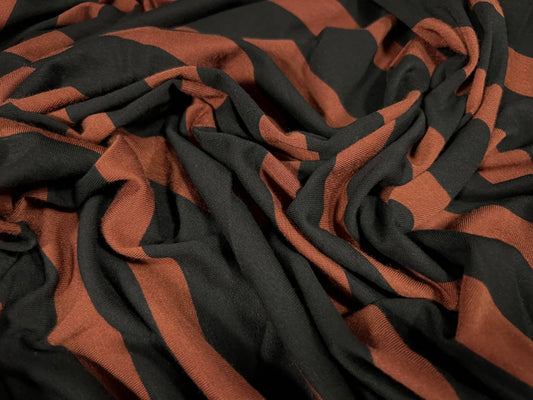 Viscose spandex stretch single jersey fabric, per metre - stripe - auburn brown & black