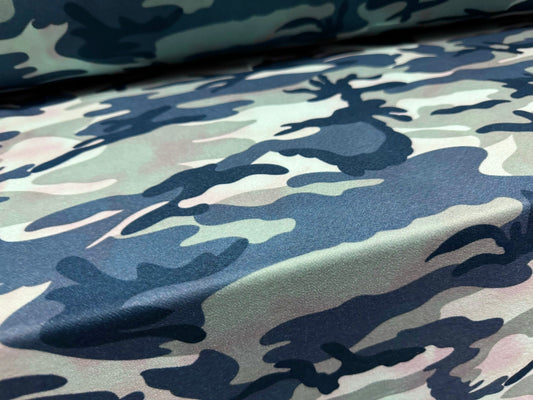 Scuba crepe stretch spandex jersey dress fabric, per metre - camouflage print - mint, blue & pink