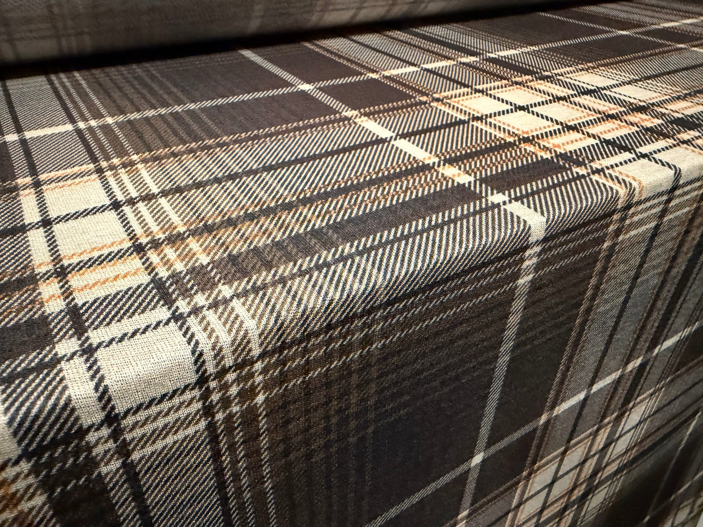 Thick & thin stretch spandex single jersey fashion fabric, per metre - tartan print - brown & cream