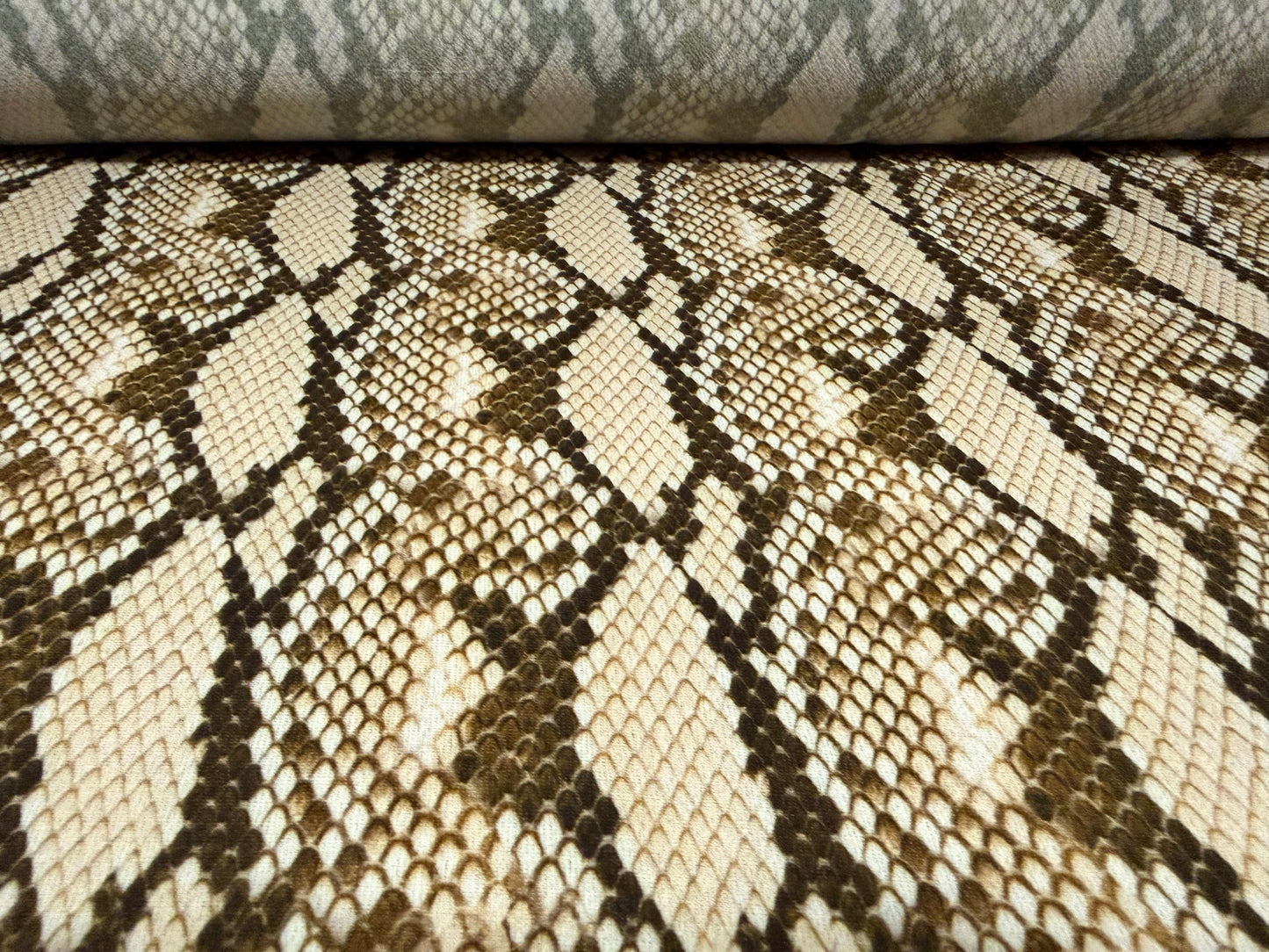 Pebble crepe woven dress fabric, per metre - snakeskin print - khaki & olive green