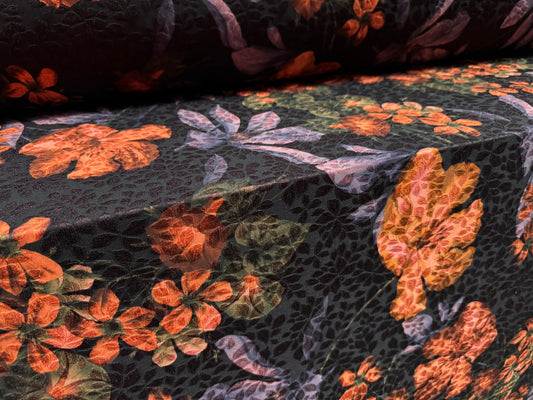 Stretch spandex jersey jacquard fabric, per metre - poppy flower print - dark purple
