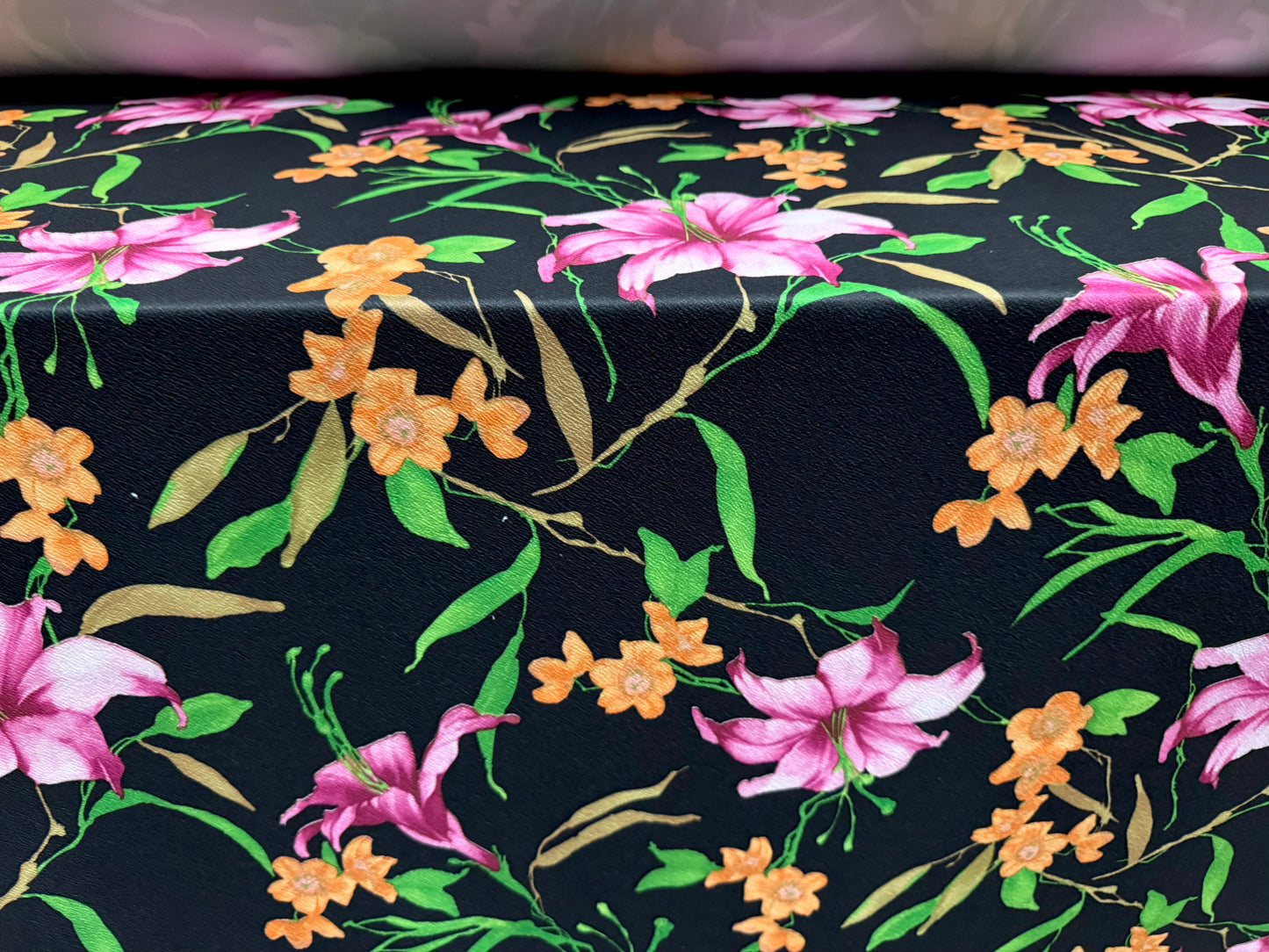Scuba textured ‘Liverpool’ stretch spandex jersey fabric, per metre - orchid flower - black magenta & orange