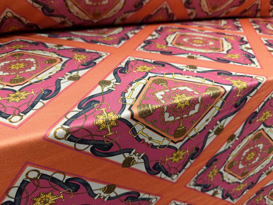 Stretch spandex crepe jersey fabric, per metre - designer quatrefoil print - pink & orange