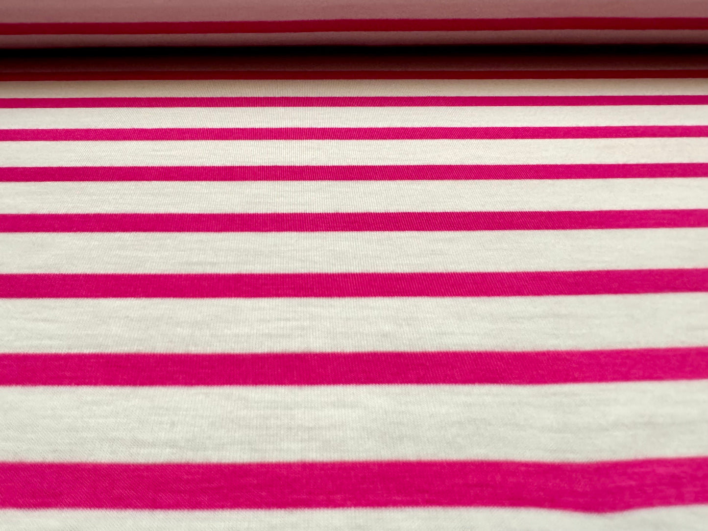 Viscose spandex stretch single jersey fabric, per metre - Breton stripe - cerise pink & white