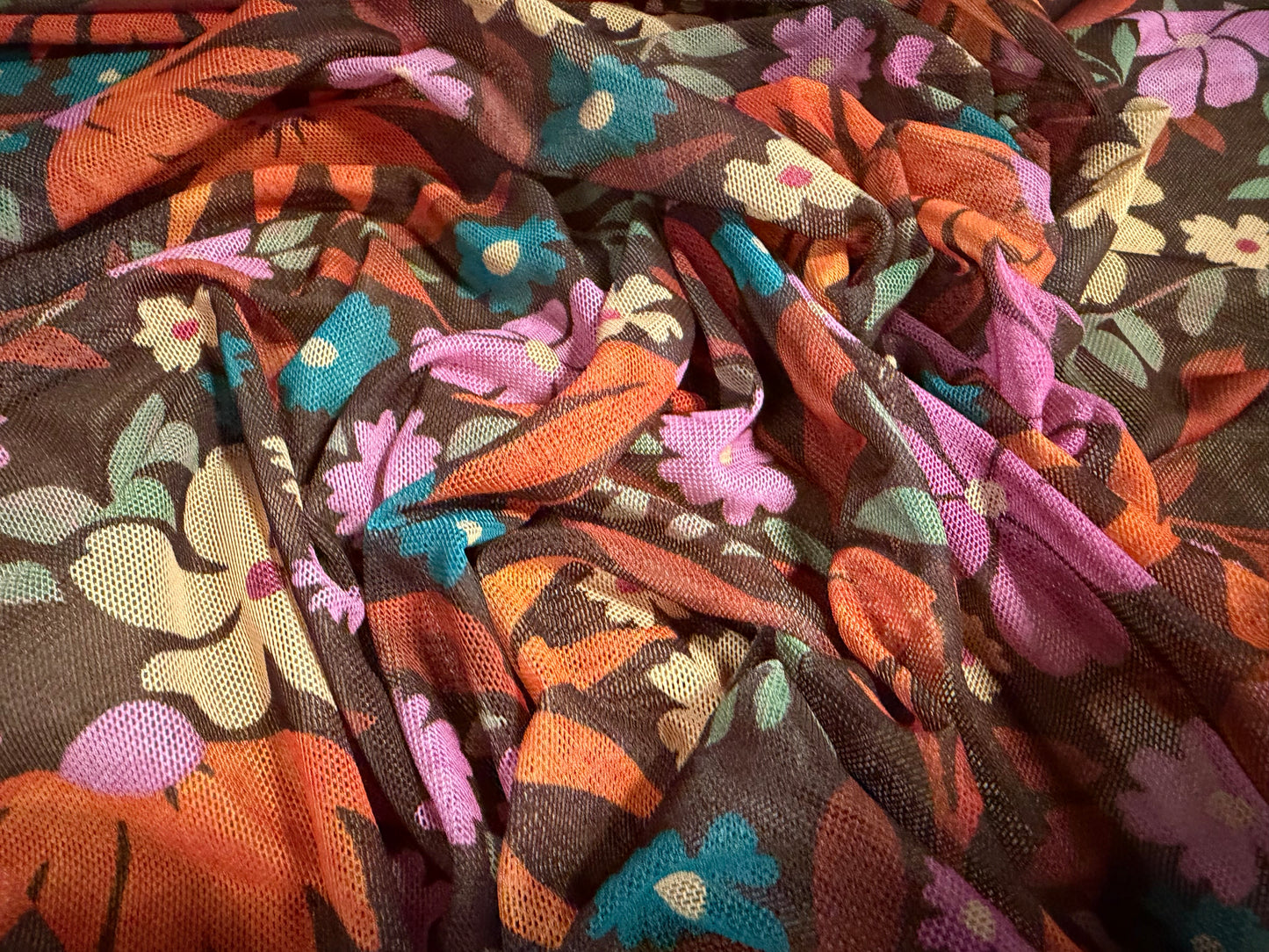 Power mesh net stretch spandex fabric, per metre - popsy floral print - brown orange & pink
