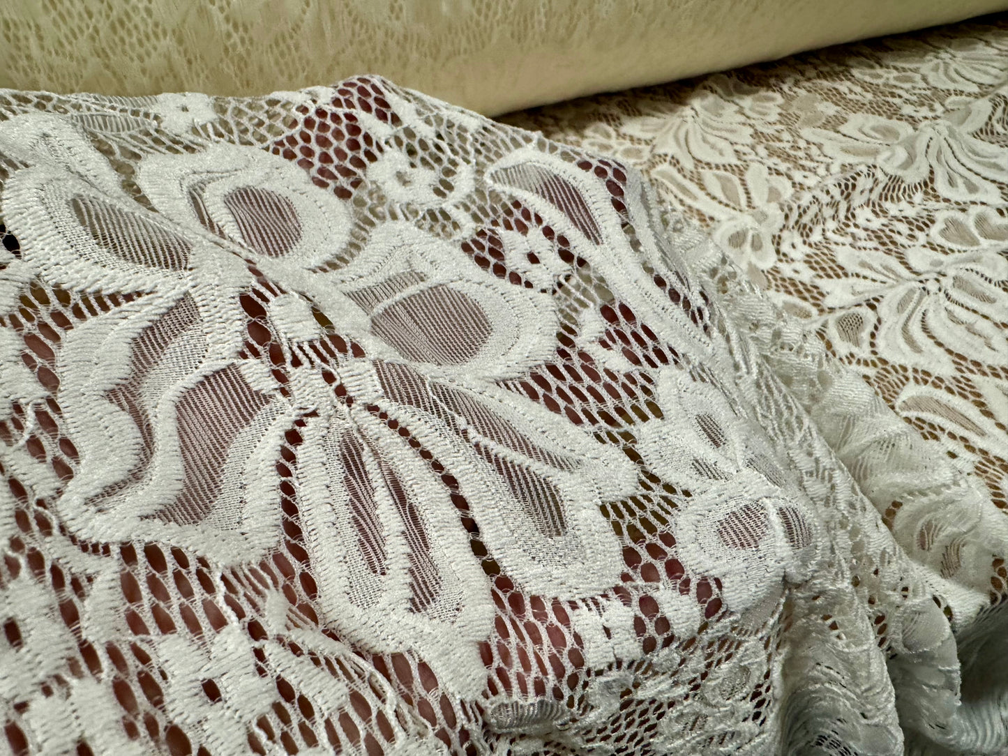 Soft stretch lace dress fabric, per metre - scalloped selvedge - flower design - cream