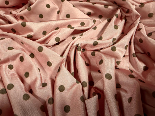 Soft touch stretch spandex jersey fabric, per metre - polka dot print - dusky pink & brown