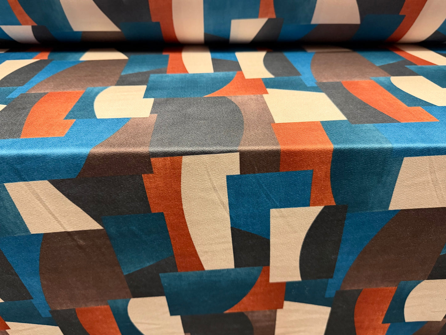 Stretch spandex crepe single jersey dress fabric, per metre - colour block shapes print - teal terracotta & cream