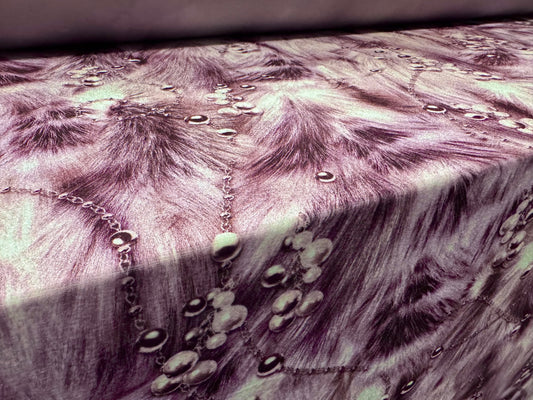 Spandex velvet stretch dress fabric, per metre - pearls on fur print - purple