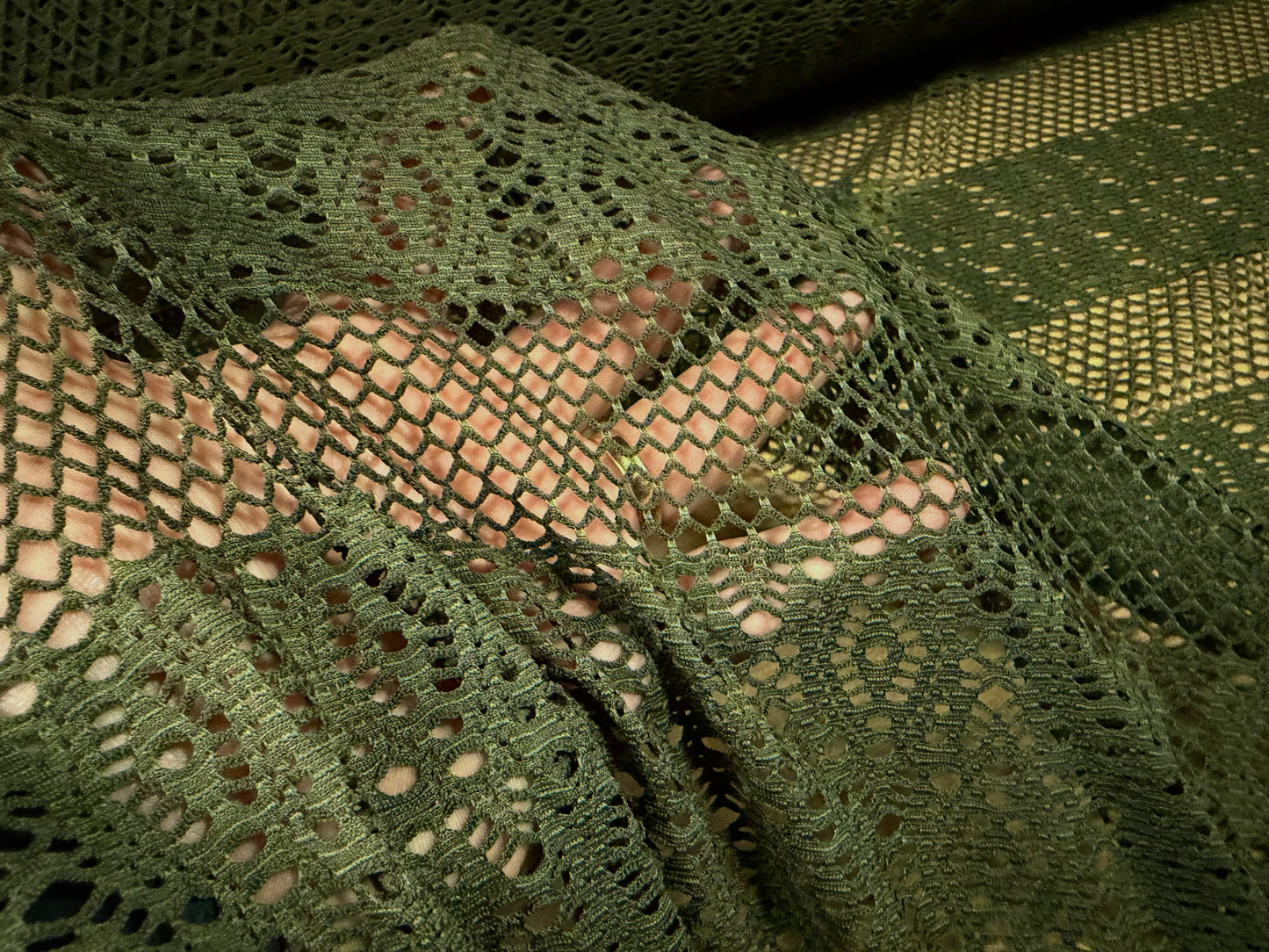 Stretch spandex fishnet jersey fabric, per metre - floral stripe - olive green