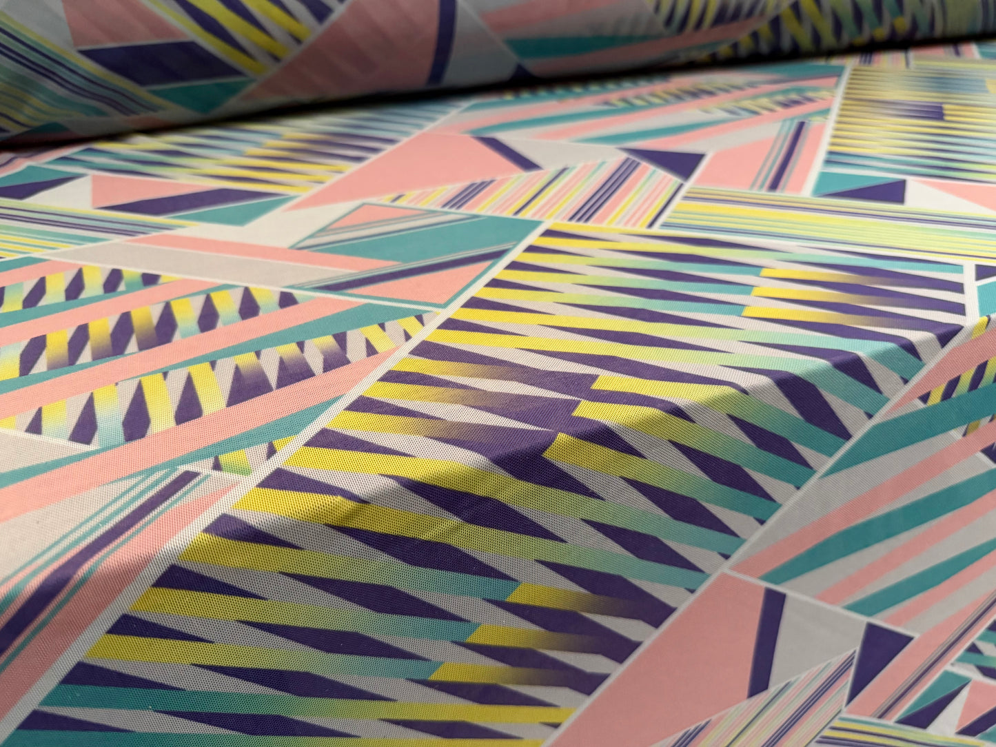 Power mesh net stretch spandex fabric, per metre - geometric print - pink & jade