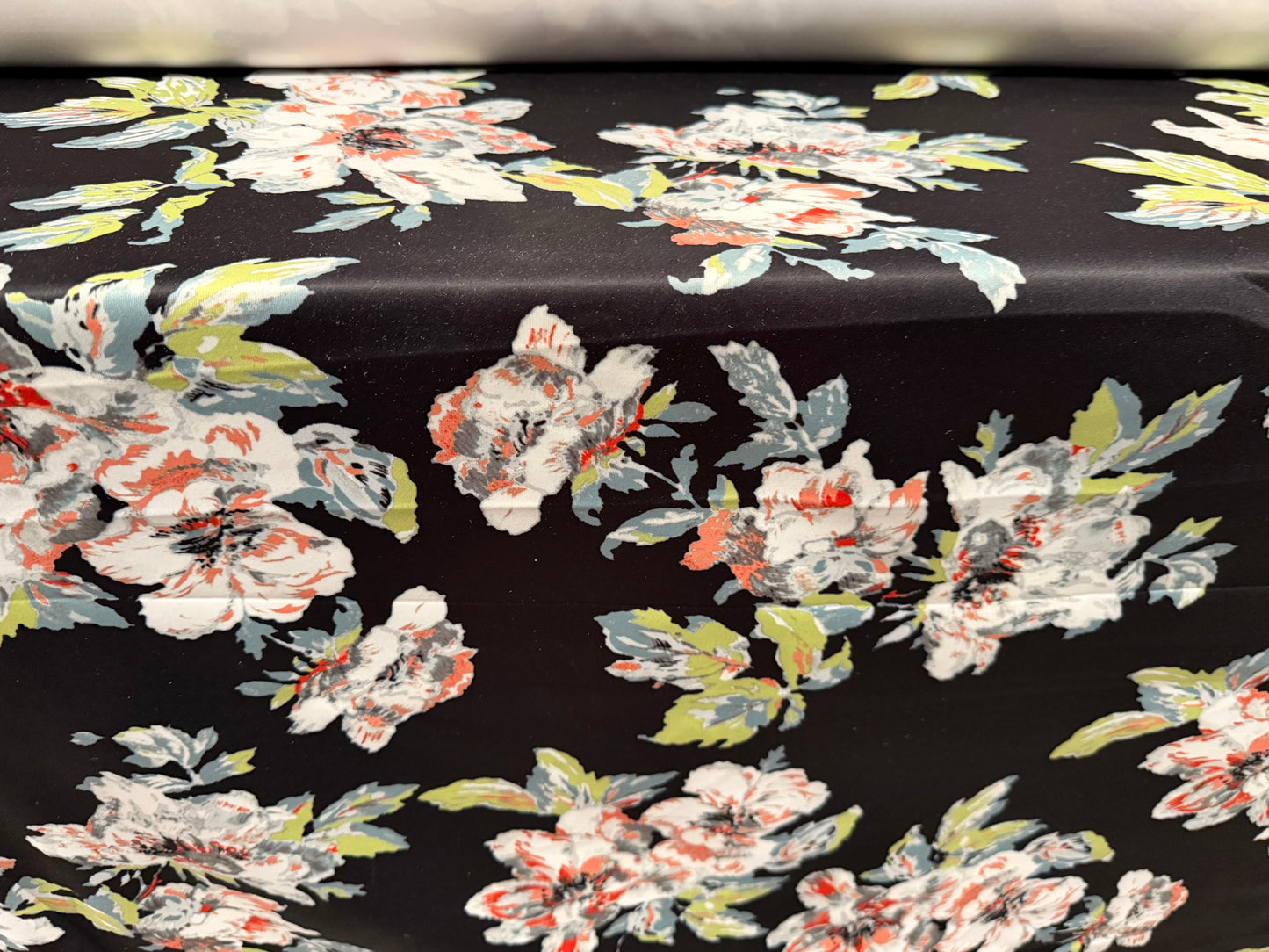 Scuba stretch spandex double jersey fabric, per metre - lily print - black white & peach