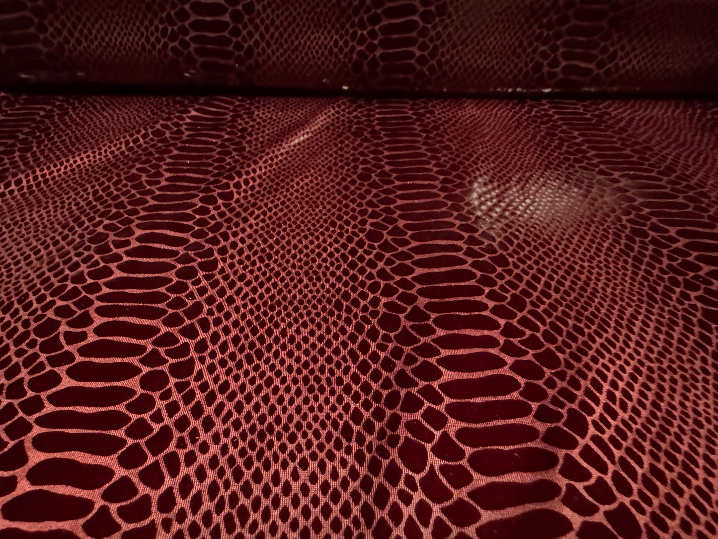 Embossed faux leather p.u. coated jersey fabric, per metre - snakeskin - burgundy