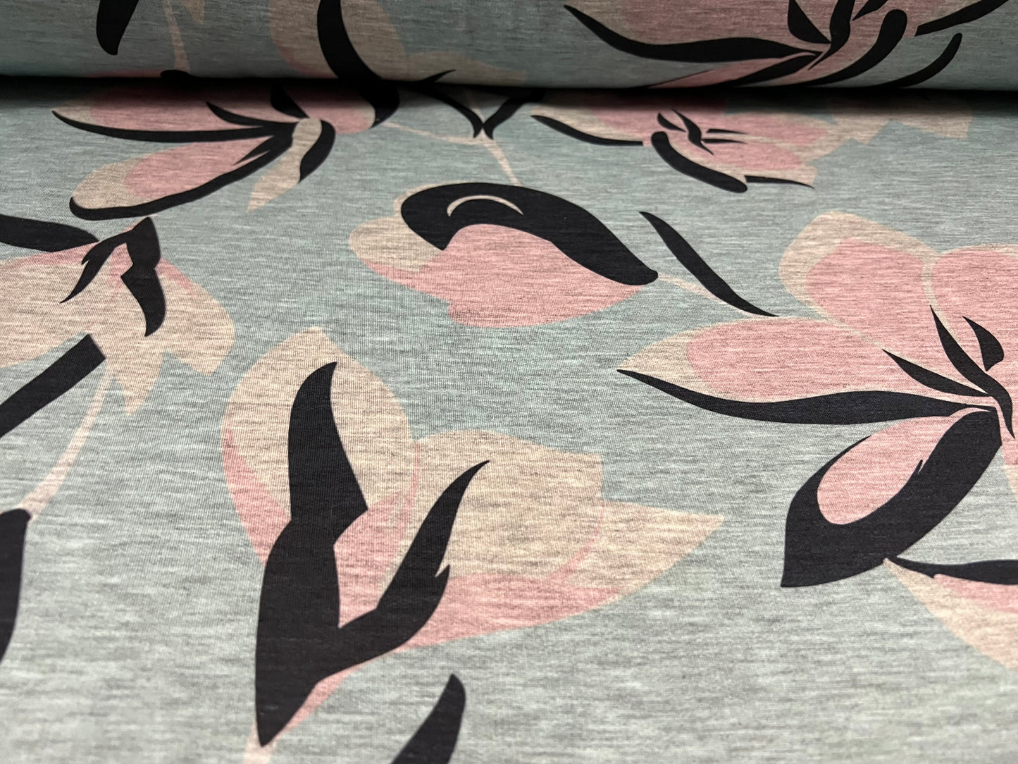 French Terry soft loopback jersey fabric, per metre - stylised flower print - pastel blue & pink