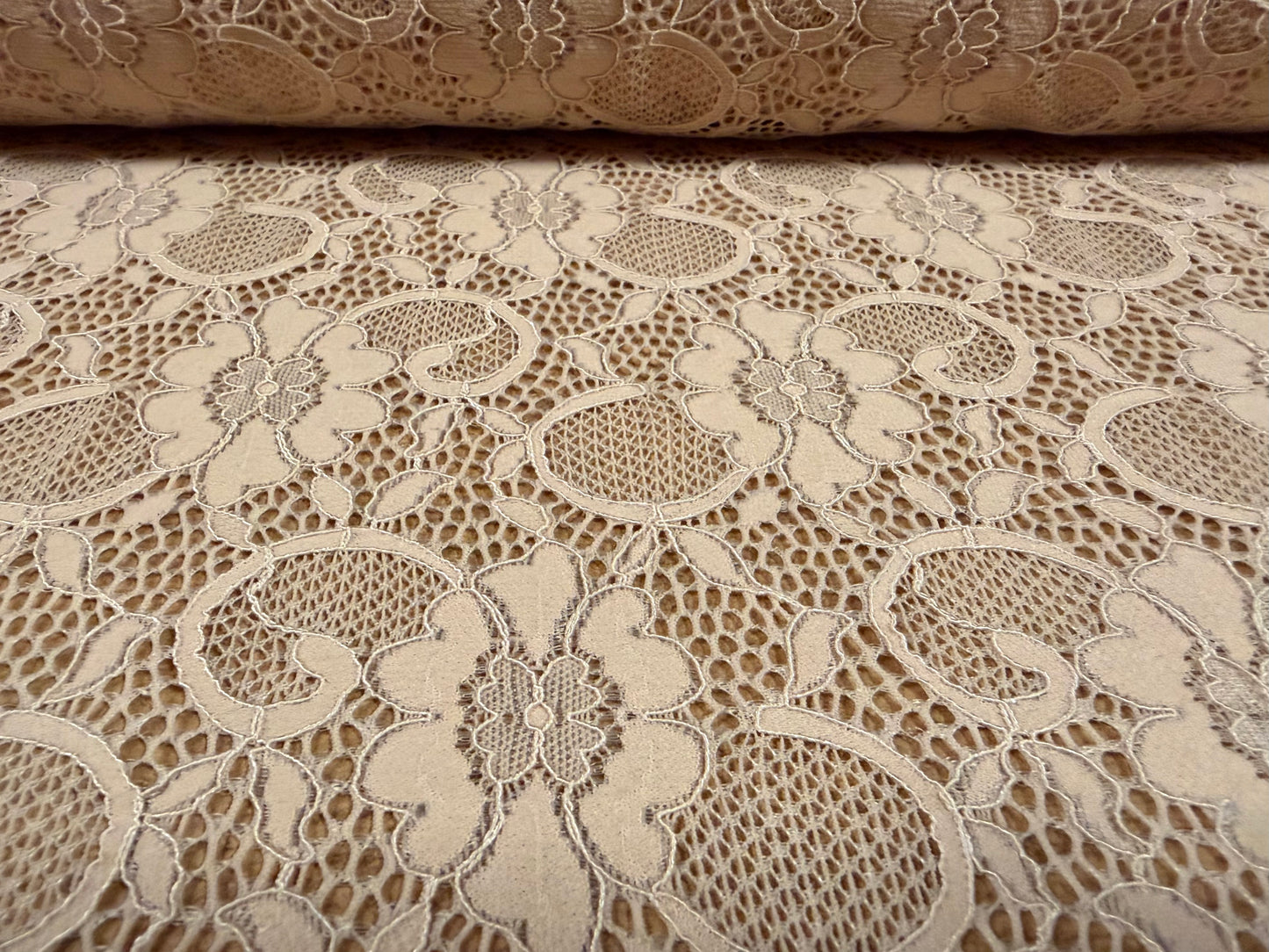 Corded stretch spandex lace fabric, per metre - floral - matte nude