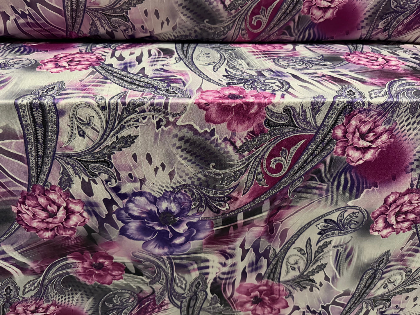 Stretch spandex crepe jersey fabric, per metre - paisley floral print - purple grey & magenta