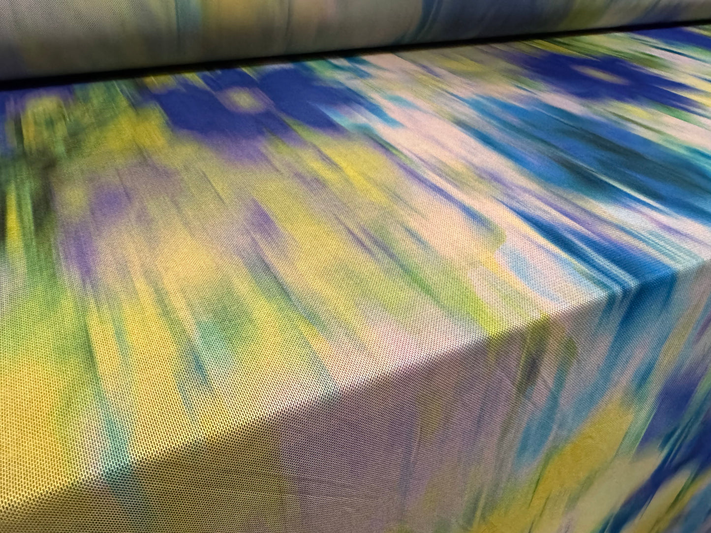 Power mesh net stretch spandex fabric, per metre - abstract print - yellow blue & lilac
