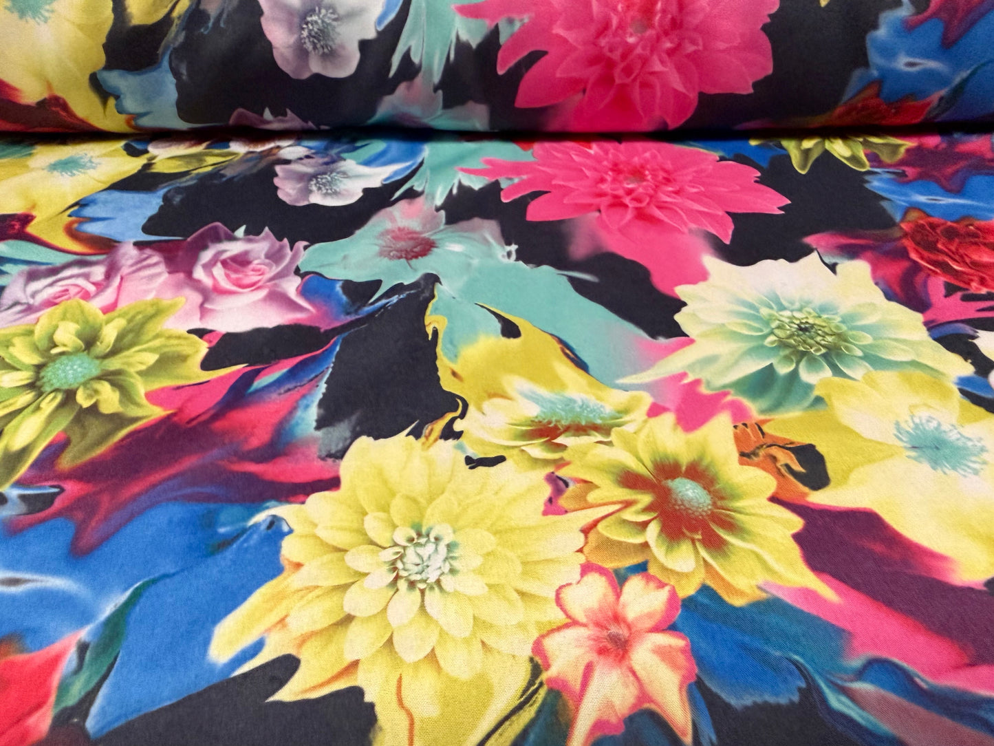 Pongee woven dress fabric, per metre - painterly floral print - multicolour