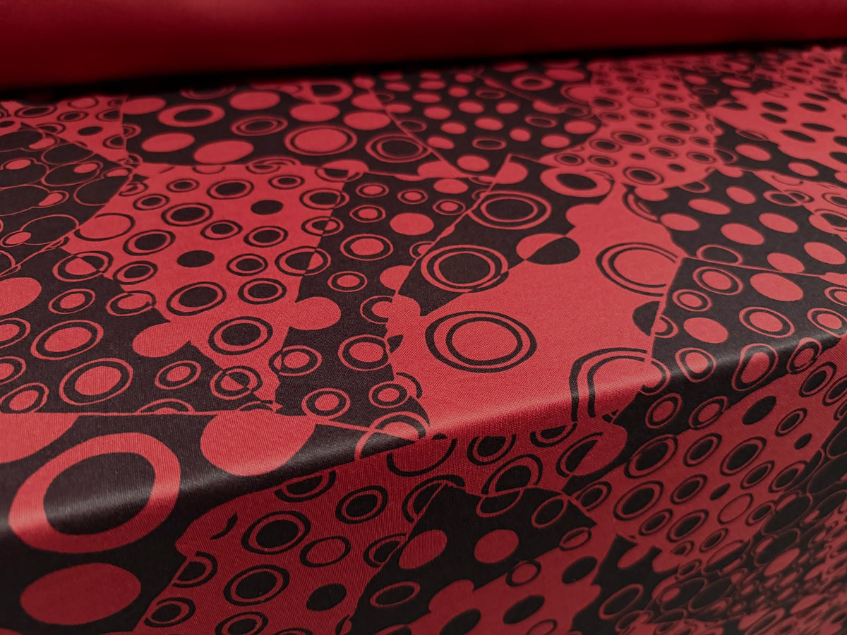 Scuba stretch double jersey fashion fabric, per metre - retro circles print - tile red & black
