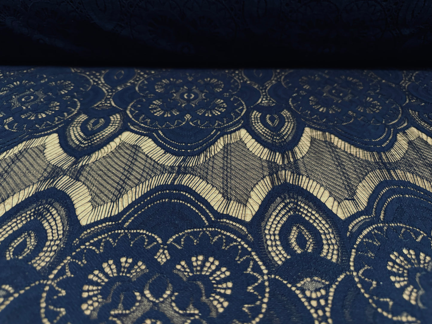 Lace dress fabric, per metre - no stretch - quatrefoil design - navy blue