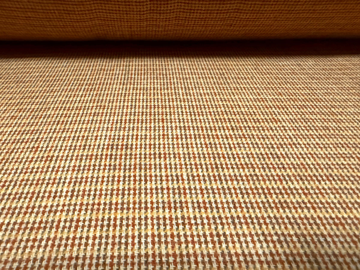 Wool flannel fabric, per metre - micro houndstooth - light brown orange & wine