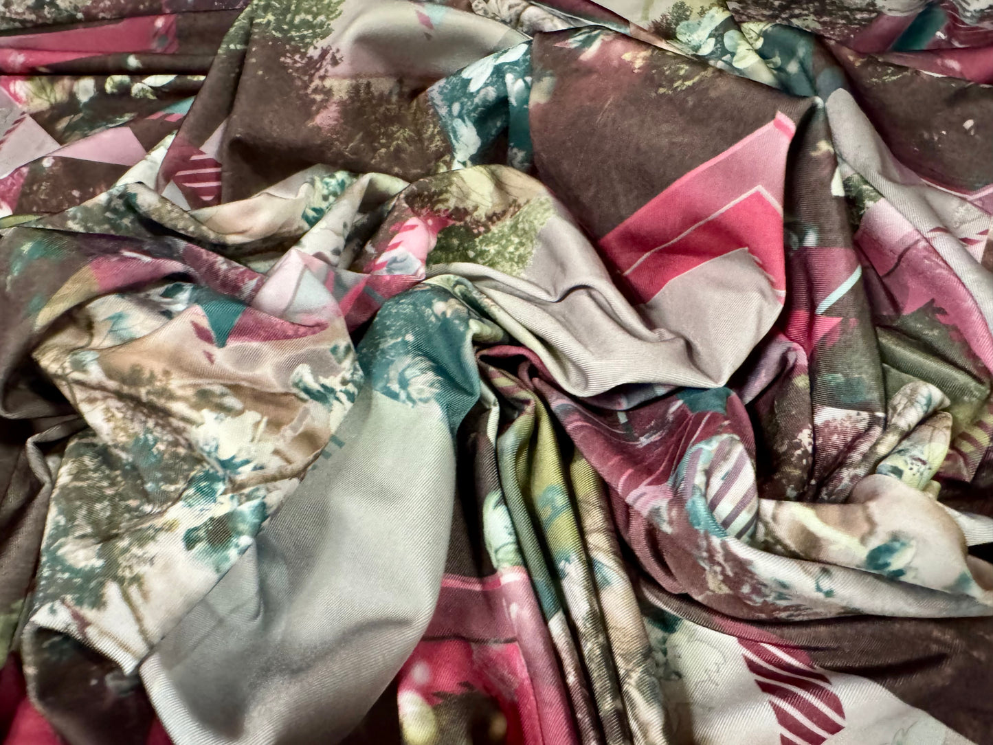 Soft touch stretch spandex single jersey fabric, per metre - stylised blossom print - pink & green