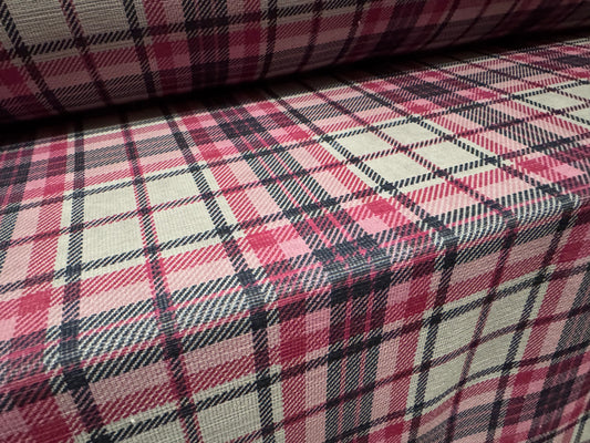 Chenille upholstery fabric, per metre - tartan check print - pink & grey