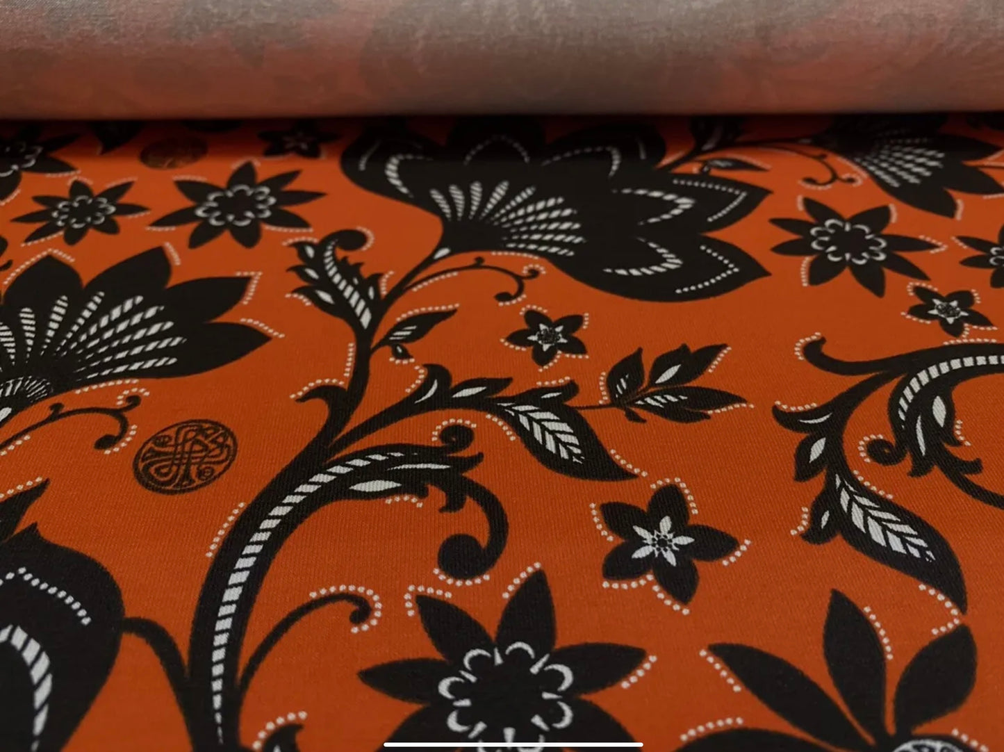 Viscose spandex stretch single jersey fabric, per metre - flower print - Orange & black