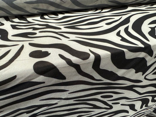 Power mesh net stretch spandex fabric, per metre - zebra animal print - black & white