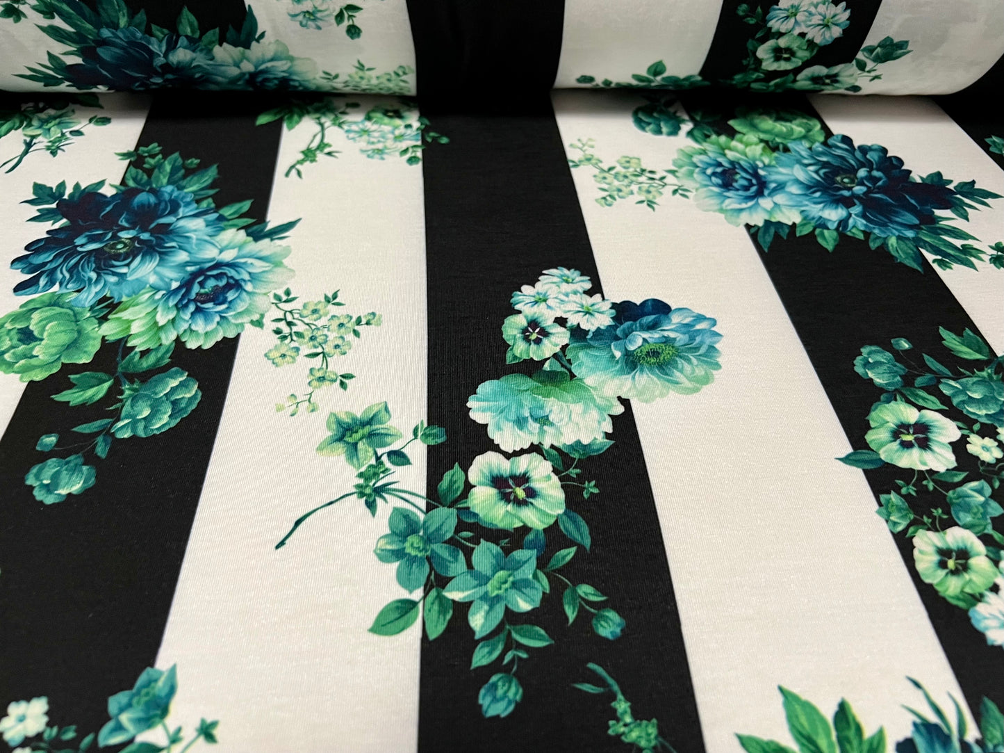 Soft handle single jersey fabric, per metre - floral stripe print - black white & turquoise