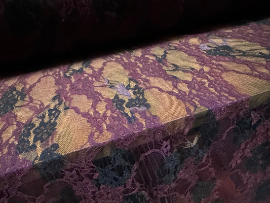 Stretch spandex mesh lace fabric, per metre - stylised animal print - purple & blue