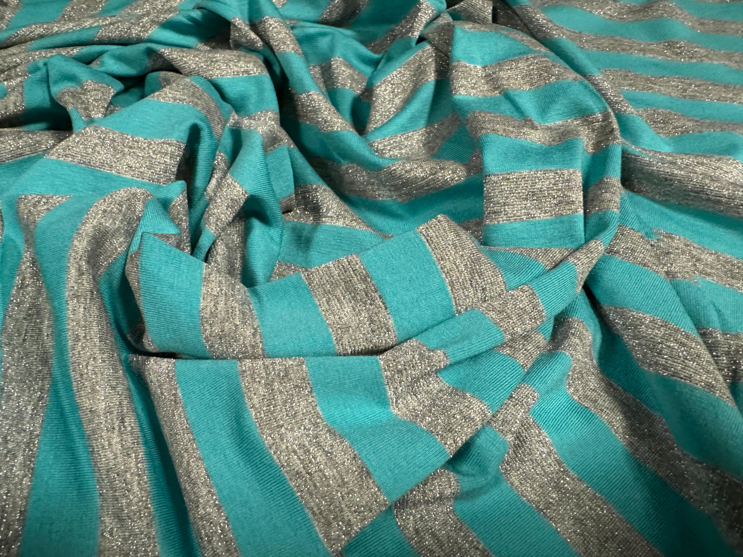 Metallic stretch viscose spandex jersey fabric, per metre - stripe - turquoise & silver lurex