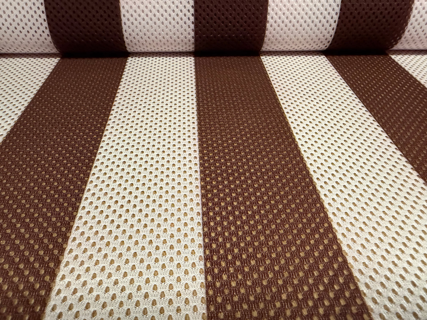 Airtex mesh eyelet fabric, per metre - stripe print - brown & ivory