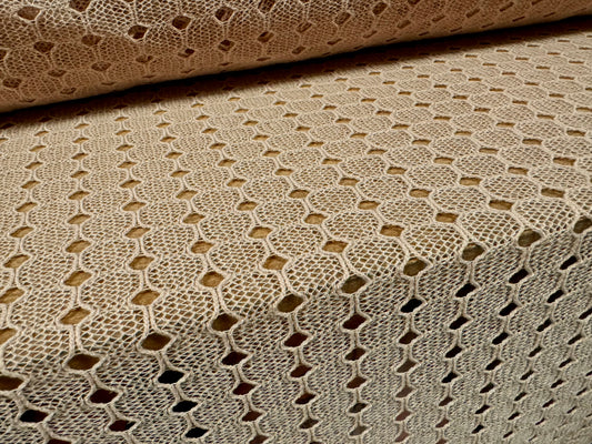 Crochet knit jersey fabric, per metre - eyelet - stone