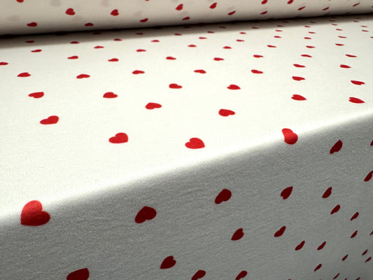 Scuba stretch spandex double jersey fabric, per metre - love heart print - ivory & red