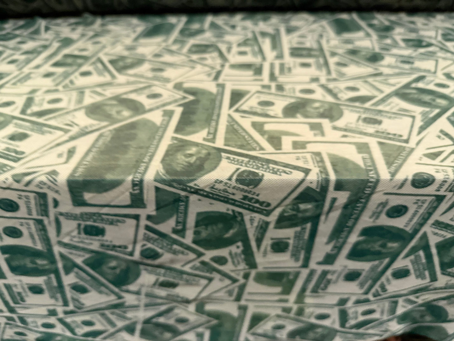 Power mesh net stretch spandex fabric, per metre - dollar bill print - sage & bottle green
