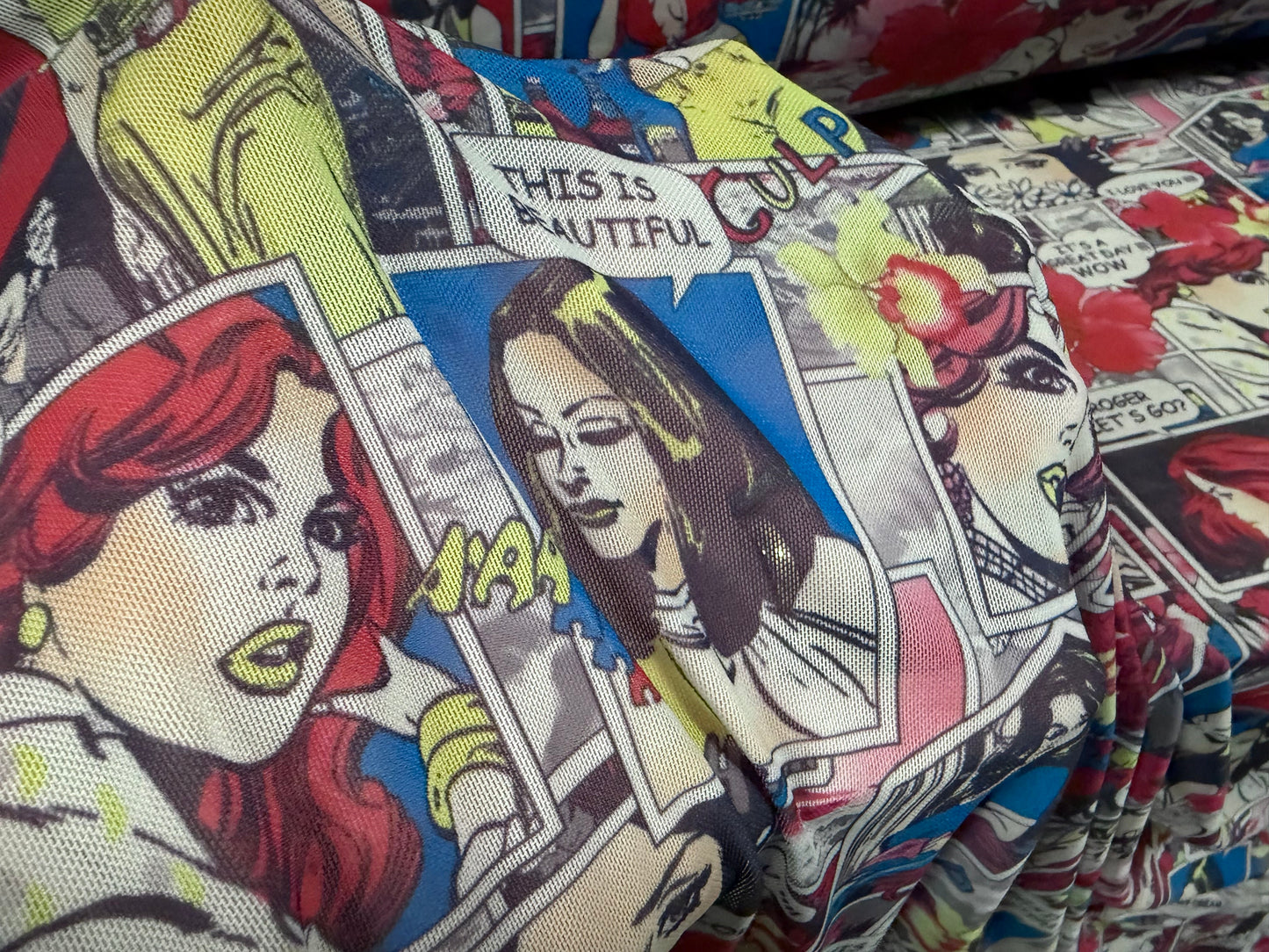 Power mesh net stretch spandex fabric, per metre - comic strip print - blue-grey & red