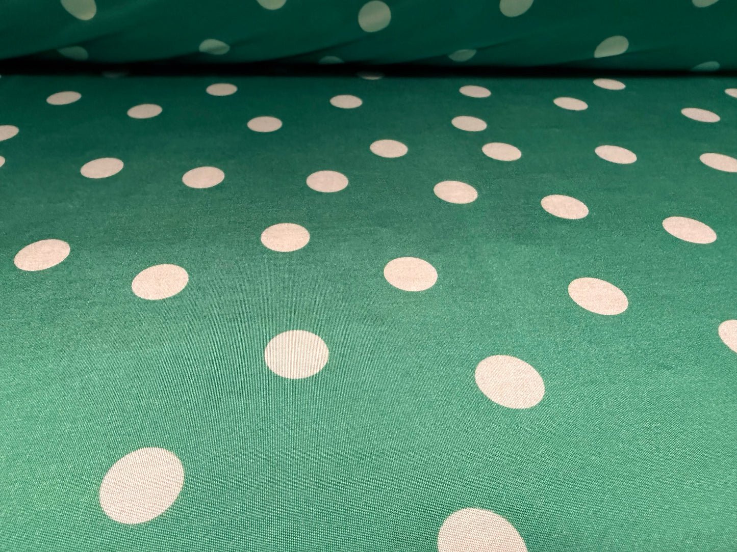 Stretch spandex single jersey fashion fabric, per metre - polka dot print - green & white