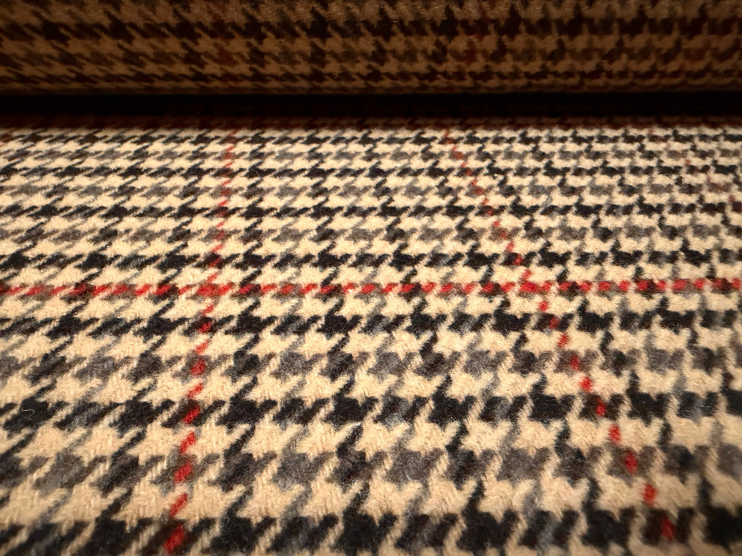 Heavyweight wool flannel coat jacket fabric, per metre - dogtooth check - light brown red & black