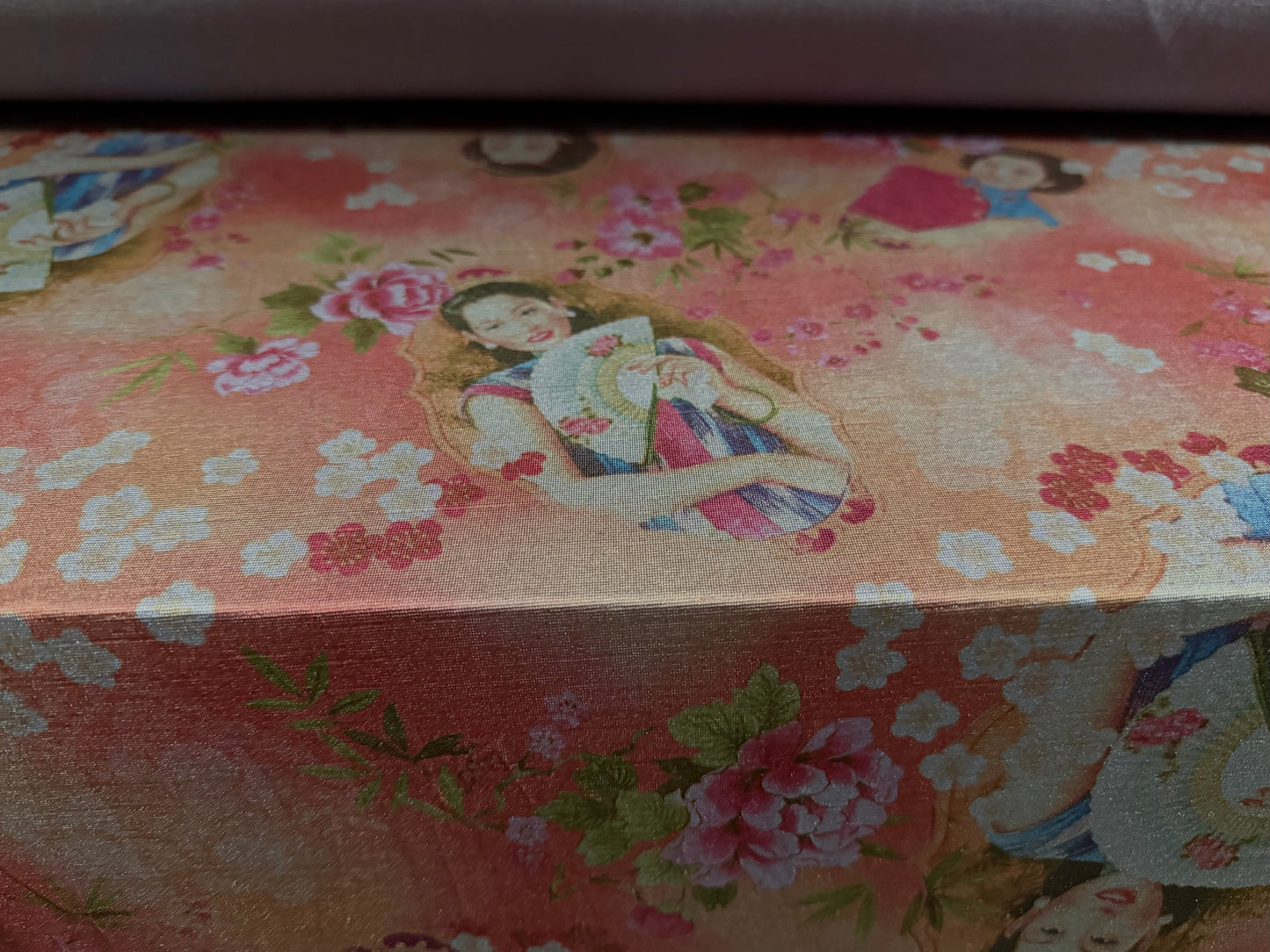 Finely textured spandex stretch Jersey fabric, per metre - East Asia inspired print - grey & pink